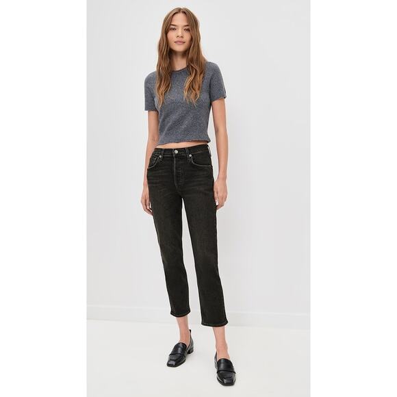 Agolde Denim - Agolde Black Wash Riley High Rise Cropped Straight Leg Jeans